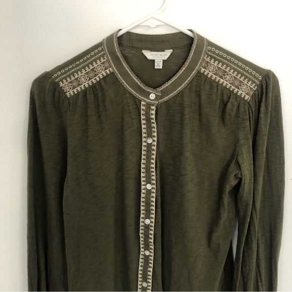 LUCKY BRAND Women Olive Green Embroidery Detail Long Sleeve Blouse Sz XS - Picture 2 of 13